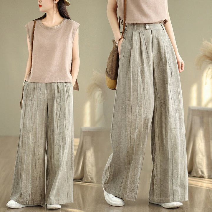 Buddha Stones Casual Tan Women's Cotton Elastic Waist  Wide Leg Pants With Pockets - Tan - US14，UK/AU18，EU46 (2XL) - image 0
