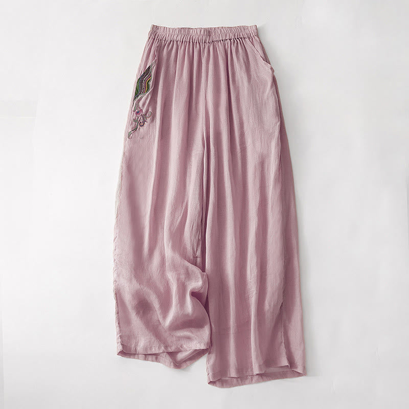 Buddha Stones Casual Flower Embroidery Women's Cotton Linen Elastic Waist  Wide Leg Pants With Pockets - PaleVioletRed - US8-10，UK/AU12-14，EU40-42 (2XL) - image 8