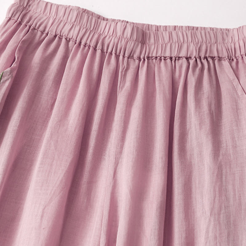 Buddha Stones Casual Flower Embroidery Women's Cotton Linen Elastic Waist  Wide Leg Pants With Pockets - image 10