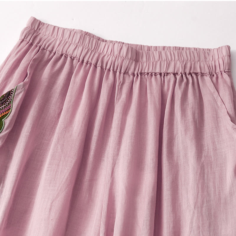 Buddha Stones Casual Flower Embroidery Women's Cotton Linen Elastic Waist  Wide Leg Pants With Pockets - image 9