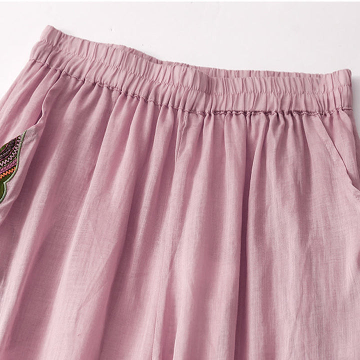 Buddha Stones Casual Flower Embroidery Women's Cotton Linen Elastic Waist  Wide Leg Pants With Pockets - image 9