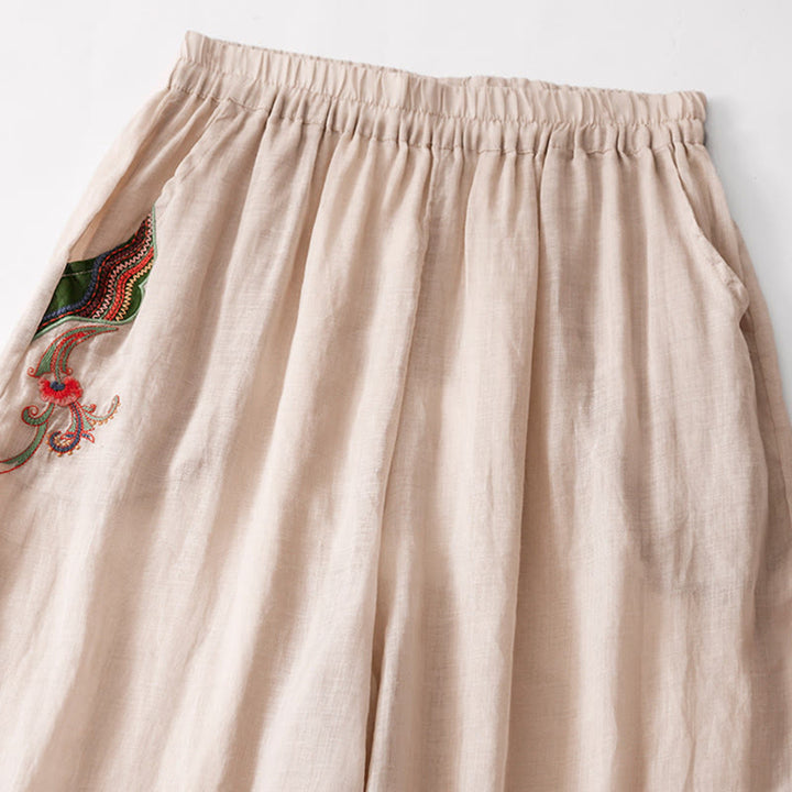 Buddha Stones Casual Flower Embroidery Women's Cotton Linen Elastic Waist  Wide Leg Pants With Pockets - image 20