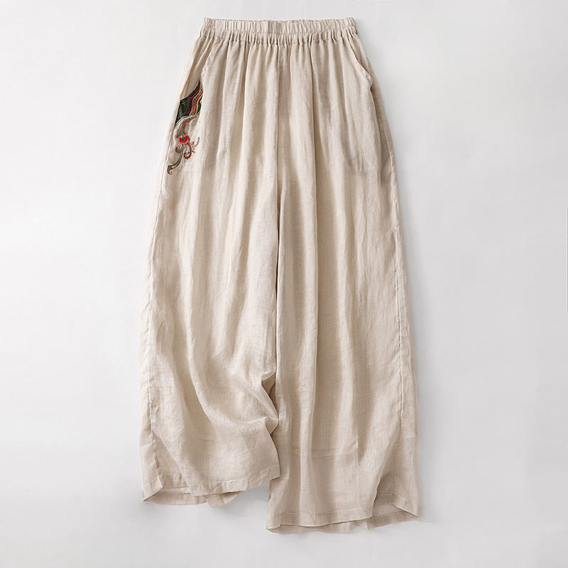 Buddha Stones Casual Flower Embroidery Women's Cotton Linen Elastic Waist  Wide Leg Pants With Pockets - AntiqueWhite - US8-10，UK/AU12-14，EU40-42 (2XL) - image 18