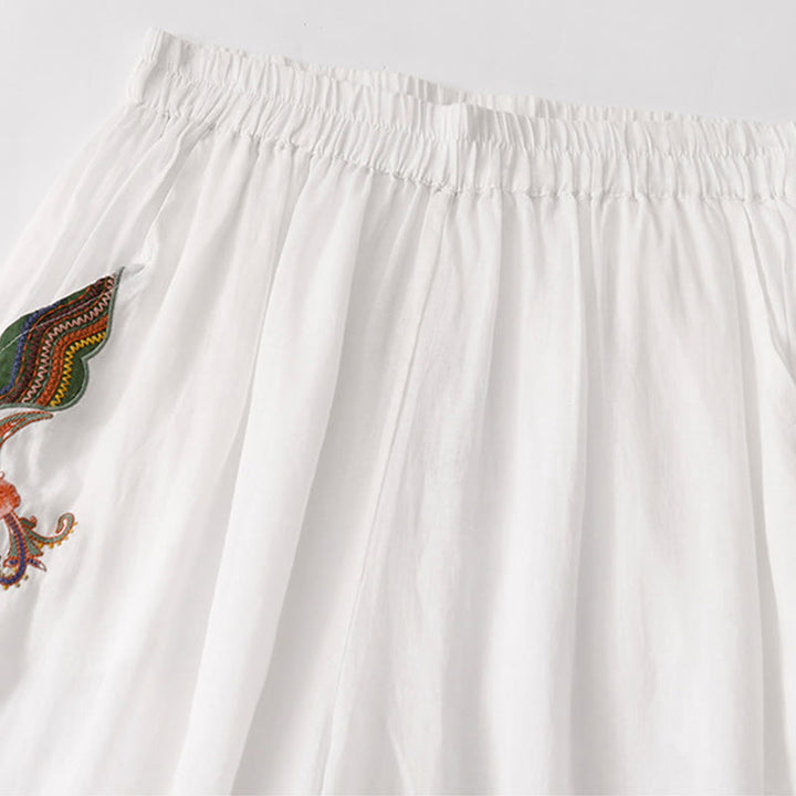 Buddha Stones Casual Flower Embroidery Women's Cotton Linen Elastic Waist  Wide Leg Pants With Pockets - image 27