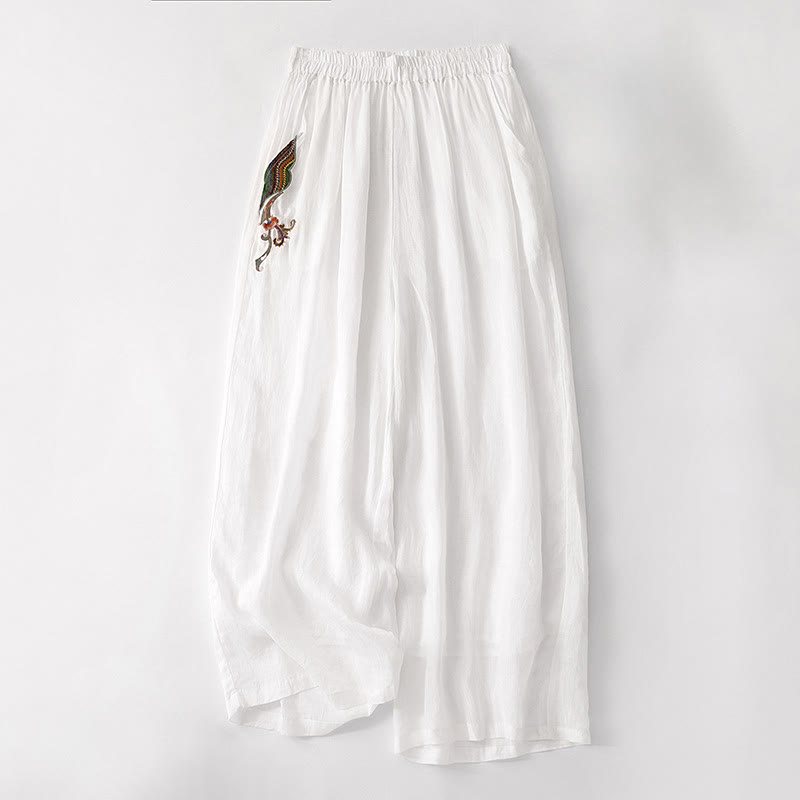Buddha Stones Casual Flower Embroidery Women's Cotton Linen Elastic Waist  Wide Leg Pants With Pockets - White - US8-10，UK/AU12-14，EU40-42 (2XL) - image 26