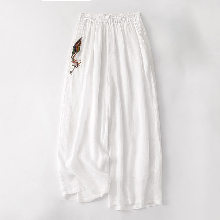 Buddha Stones Casual Flower Embroidery Women's Cotton Linen Elastic Waist  Wide Leg Pants With Pockets - White - US8-10，UK/AU12-14，EU40-42 (2XL) - image 26