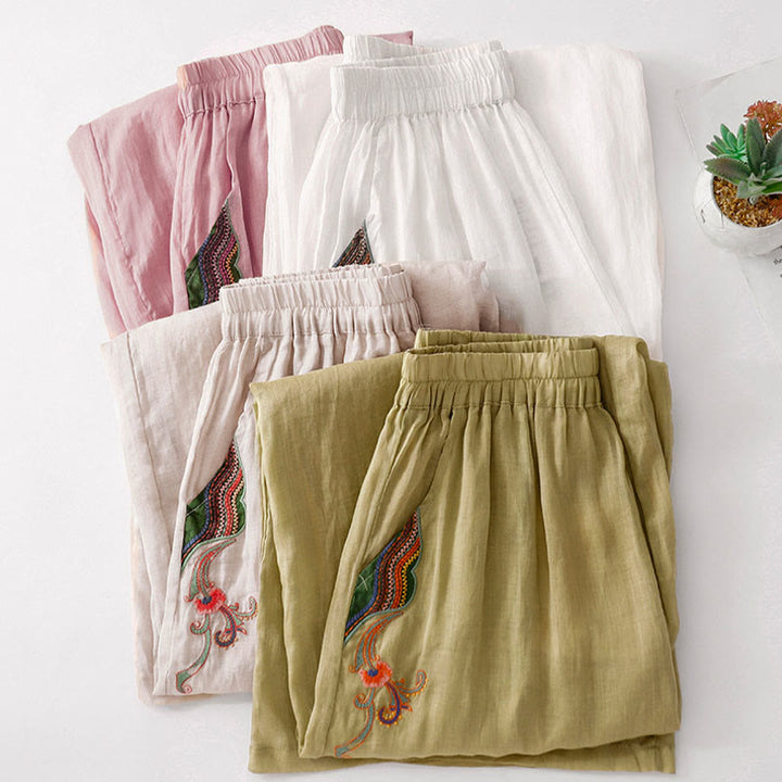 Buddha Stones Casual Flower Embroidery Women's Cotton Linen Elastic Waist  Wide Leg Pants With Pockets - image 33