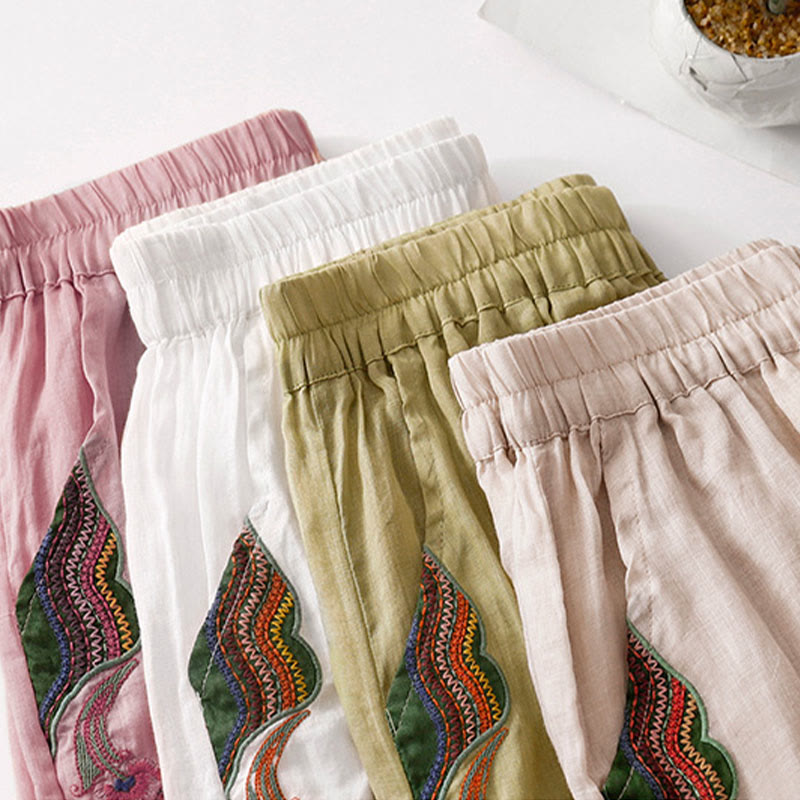Buddha Stones Casual Flower Embroidery Women's Cotton Linen Elastic Waist  Wide Leg Pants With Pockets - image 34