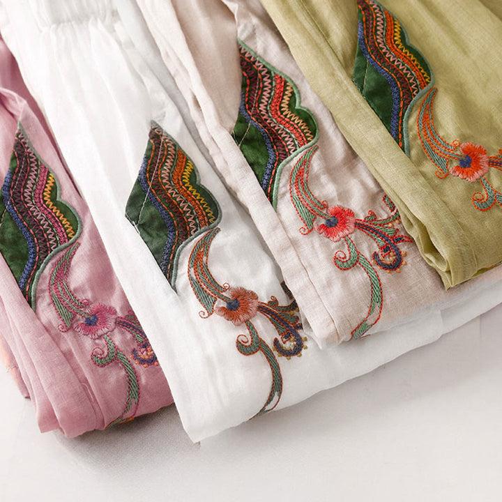 Buddha Stones Casual Flower Embroidery Women's Cotton Linen Elastic Waist  Wide Leg Pants With Pockets - image 35