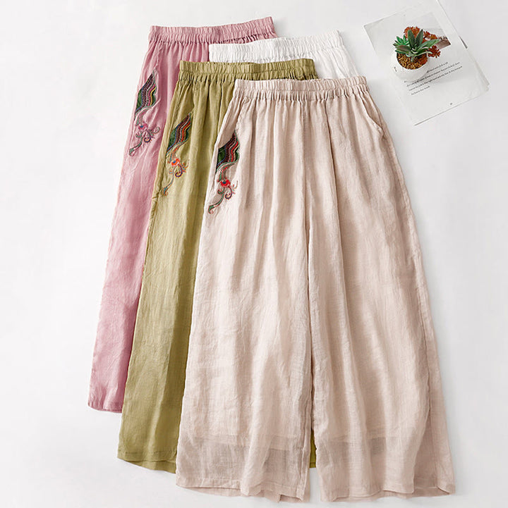 Buddha Stones Casual Flower Embroidery Women's Cotton Linen Elastic Waist  Wide Leg Pants With Pockets - image 32
