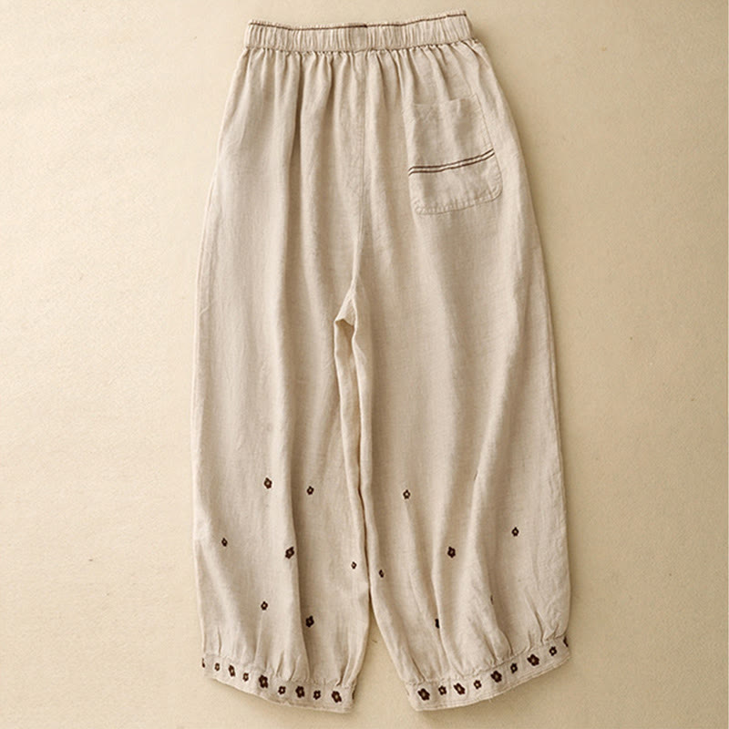 Buddha Stones Casual Embroidered Petals Women's Cotton Linen 7-8 Length Harem Pants With Pockets - image 2