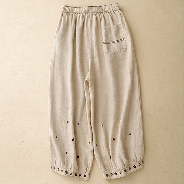 Buddha Stones Casual Embroidered Petals Women's Cotton Linen 7-8 Length Harem Pants With Pockets - image 1