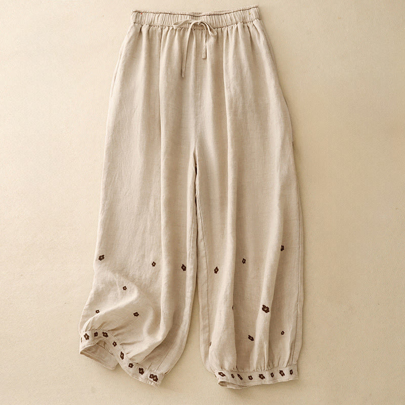 Buddha Stones Casual Embroidered Petals Women's Cotton Linen 7-8 Length Harem Pants With Pockets - Wheat - US12，UK/AU16，EU44 (2XL) - image 0
