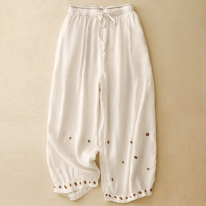 Buddha Stones Casual Embroidered Petals Women's Cotton Linen 7-8 Length Harem Pants With Pockets - Linen - US12，UK/AU16，EU44 (2XL) - image 7