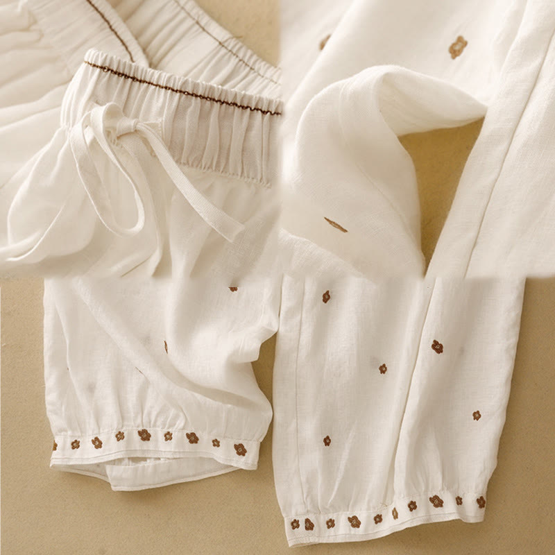 Buddha Stones Casual Embroidered Petals Women's Cotton Linen 7-8 Length Harem Pants With Pockets - image 9