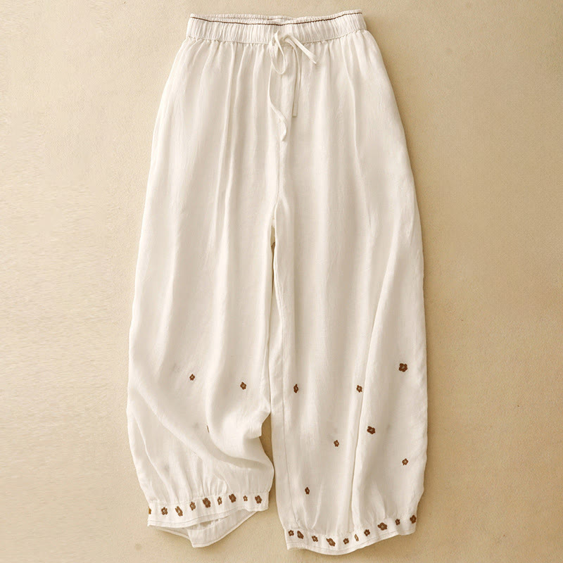 Buddha Stones Casual Embroidered Petals Women's Cotton Linen 7-8 Length Harem Pants With Pockets - Linen - US12，UK/AU16，EU44 (2XL) - image 6