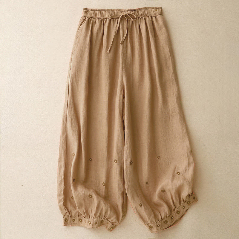 Buddha Stones Casual Embroidered Petals Women's Cotton Linen 7-8 Length Harem Pants With Pockets - SandyBrown - US12，UK/AU16，EU44 (2XL) - image 10