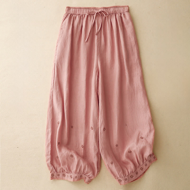 Buddha Stones Casual Embroidered Petals Women's Cotton Linen 7-8 Length Harem Pants With Pockets - LightCoral - US12，UK/AU16，EU44 (2XL) - image 13