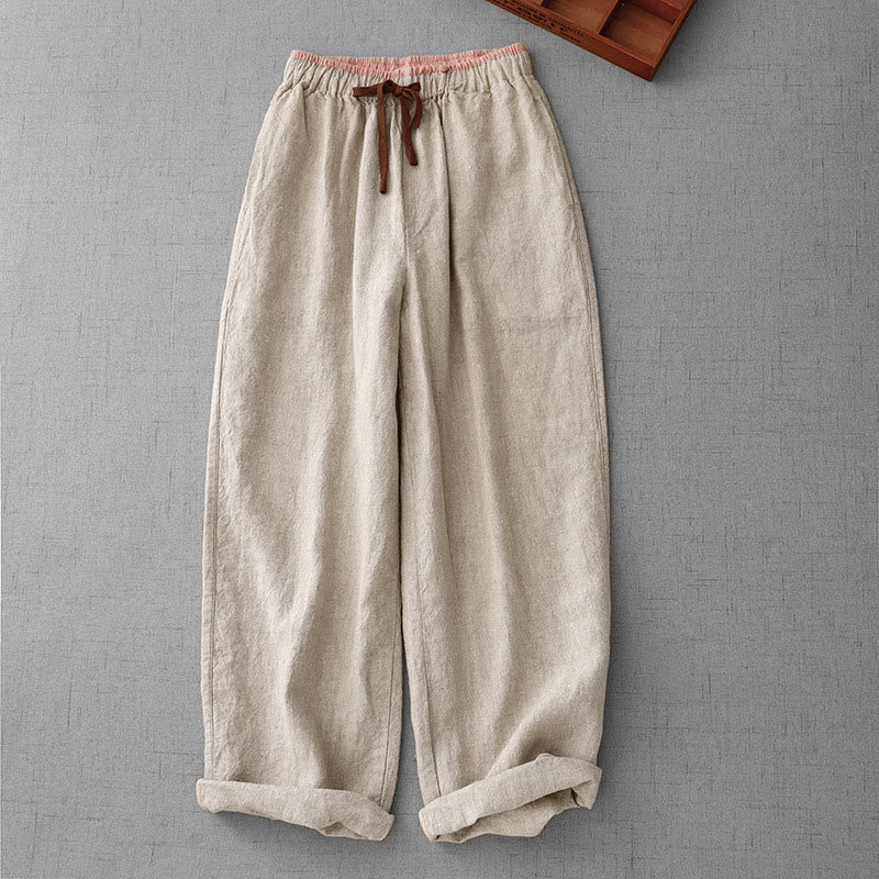 Buddha Stones Casual Daily Drawstring Simple Design Women's Cotton Linen Pants With Pockets - Beige - US8-10，UK/AU12-14，EU40-42 (2XL) - image 1