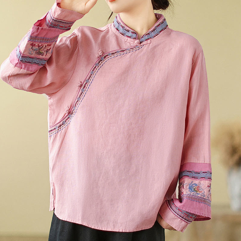 Buddha Stones Embroidered Slanted Buttons Cotton Linen Women's Shirt - Pink - US8-10，UK/AU12-14，EU40-42 (2XL) - image 13