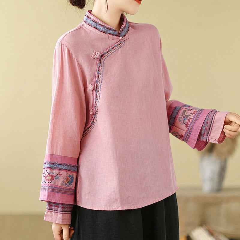 Buddha Stones Embroidered Slanted Buttons Cotton Linen Women's Shirt - image 16