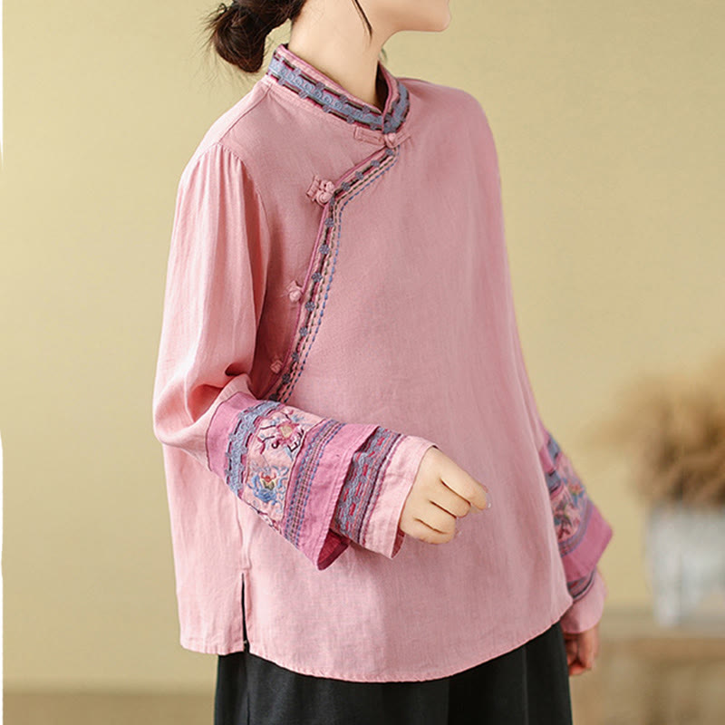 Buddha Stones Embroidered Slanted Buttons Cotton Linen Women's Shirt - image 15
