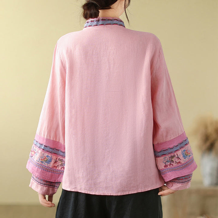 Buddha Stones Embroidered Slanted Buttons Cotton Linen Women's Shirt - image 16