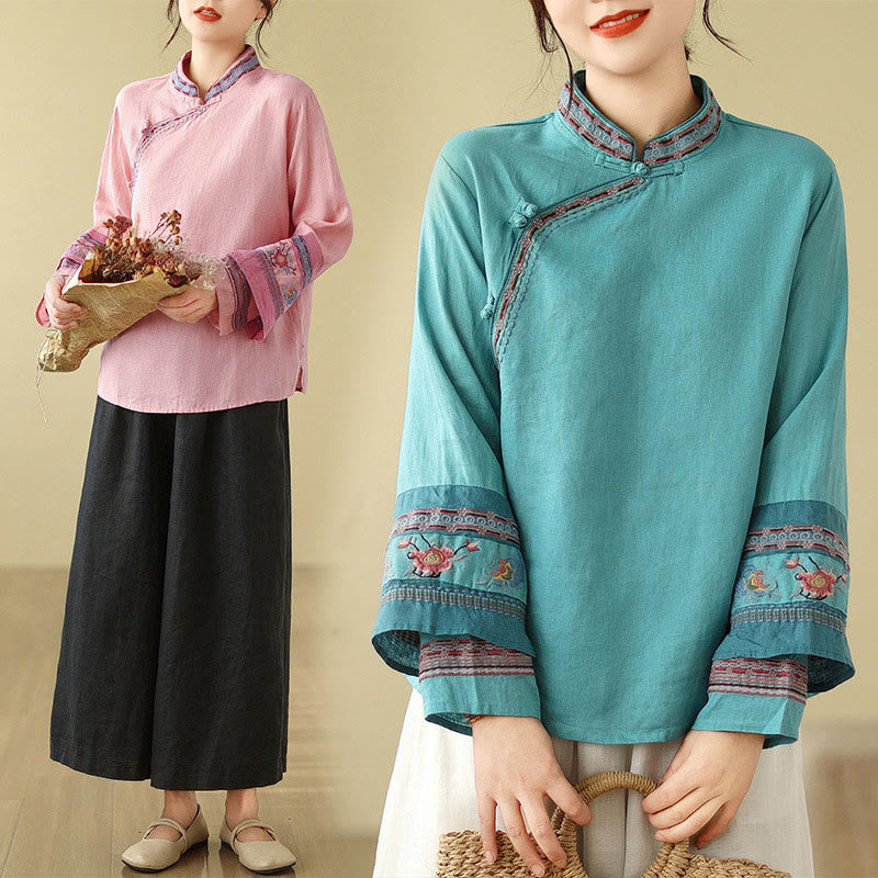 Buddha Stones Embroidered Slanted Buttons Cotton Linen Women's Shirt - image 25