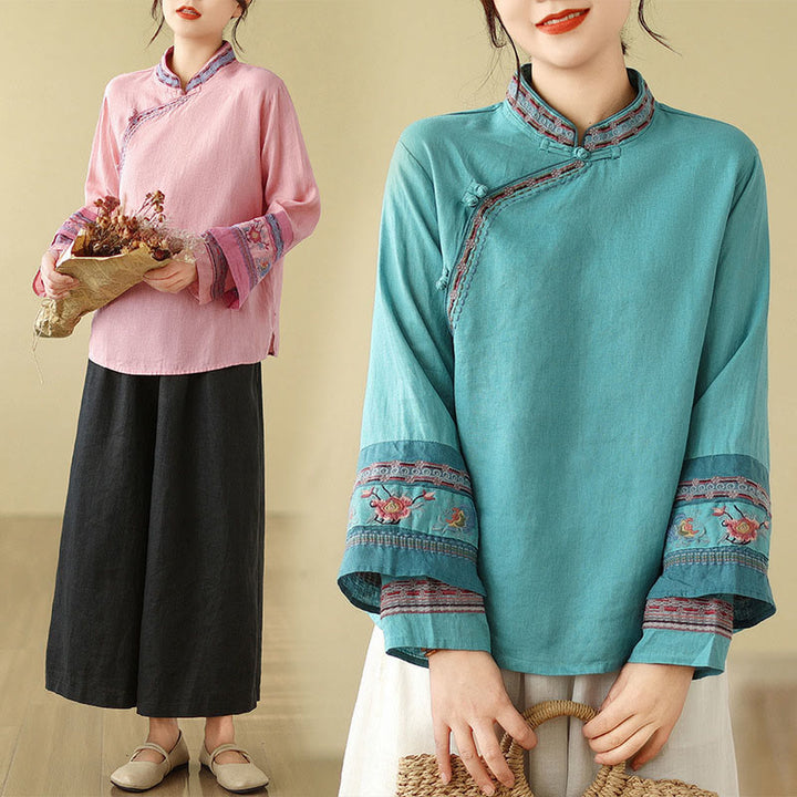 Buddha Stones Embroidered Slanted Buttons Cotton Linen Women's Shirt - image 25