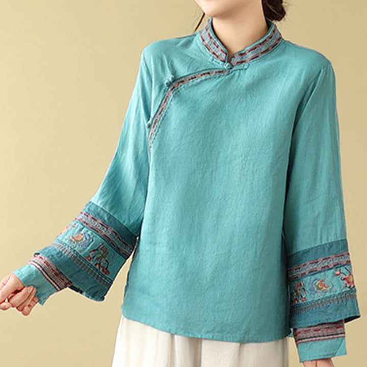 Buddha Stones Embroidered Slanted Buttons Cotton Linen Women's Shirt - image 20