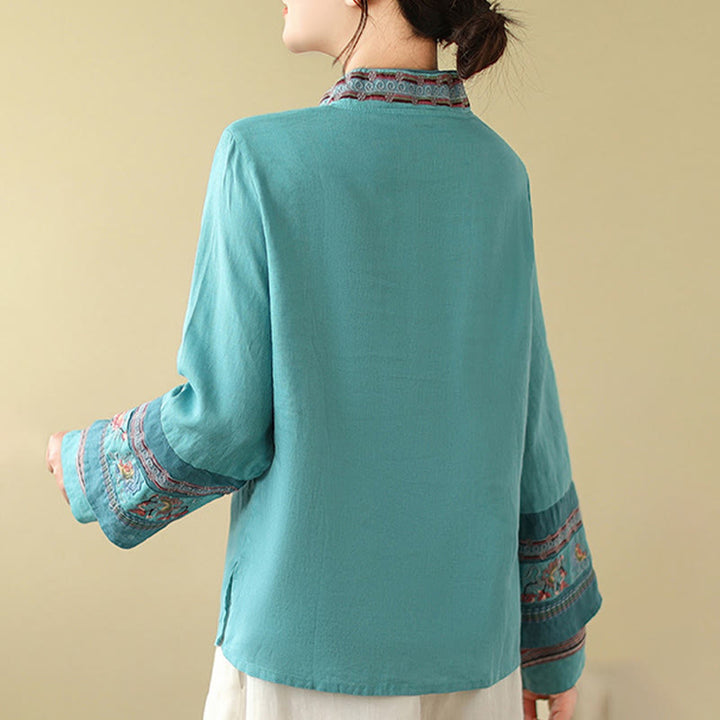 Buddha Stones Embroidered Slanted Buttons Cotton Linen Women's Shirt - image 21