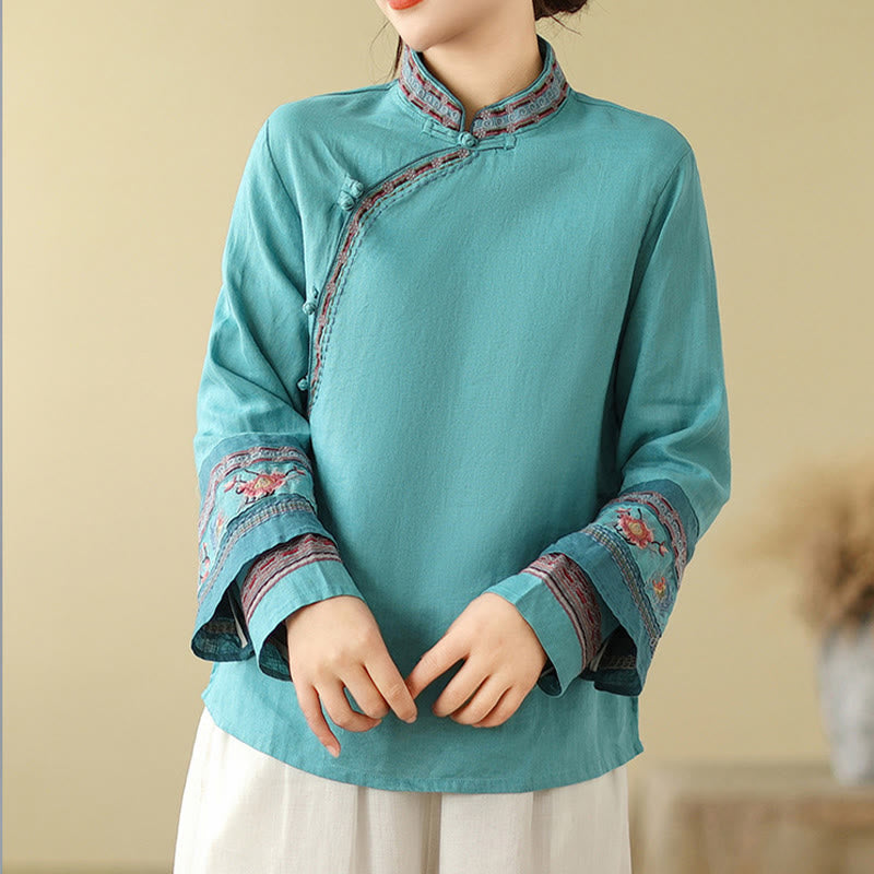 Buddha Stones Embroidered Slanted Buttons Cotton Linen Women's Shirt - image 23