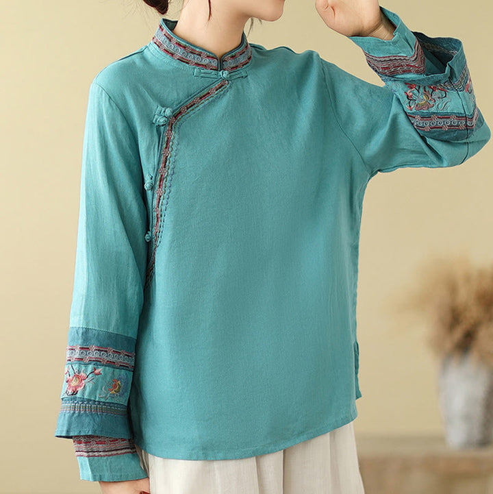 Buddha Stones Embroidered Slanted Buttons Cotton Linen Women's Shirt - image 23