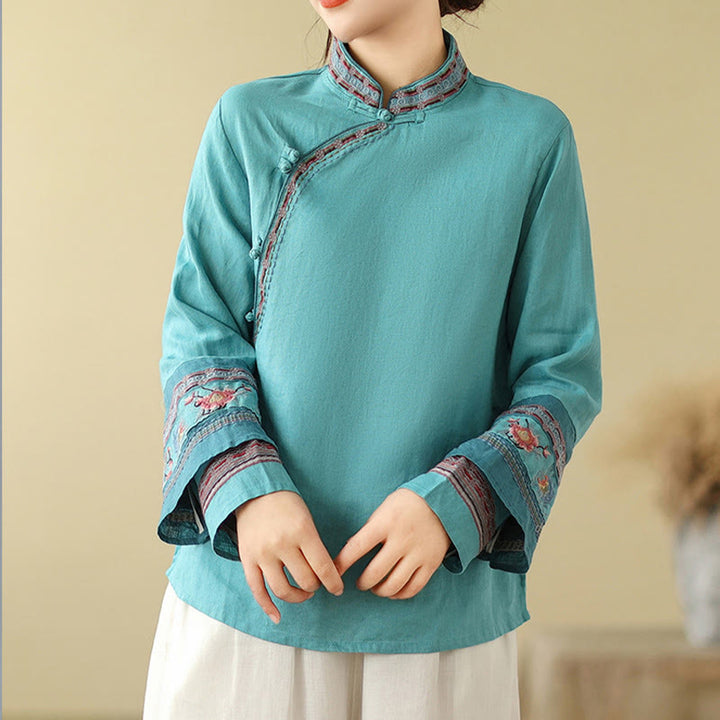 Buddha Stones Embroidered Slanted Buttons Cotton Linen Women's Shirt - image 22
