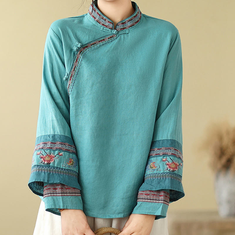 Buddha Stones Embroidered Slanted Buttons Cotton Linen Women's Shirt - image 21