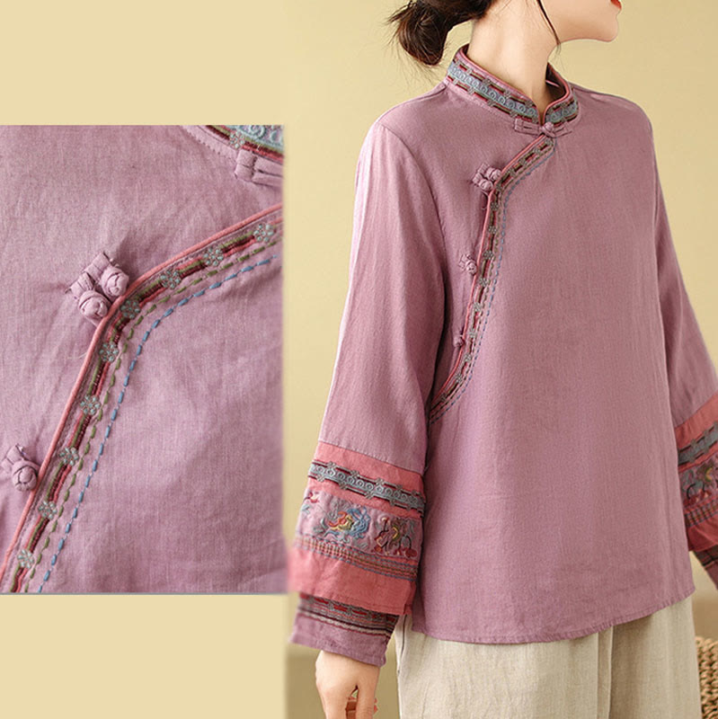 Buddha Stones Embroidered Slanted Buttons Cotton Linen Women's Shirt - image 6