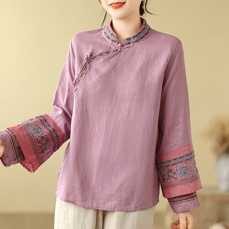 Buddha Stones Embroidered Slanted Buttons Cotton Linen Women's Shirt - image 3