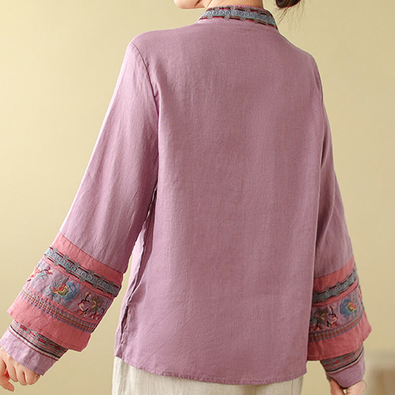 Buddha Stones Embroidered Slanted Buttons Cotton Linen Women's Shirt - image 5