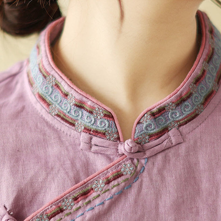 Buddha Stones Embroidered Slanted Buttons Cotton Linen Women's Shirt - image 11
