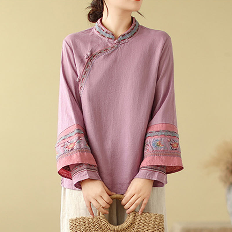 Buddha Stones Embroidered Slanted Buttons Cotton Linen Women's Shirt - image 1