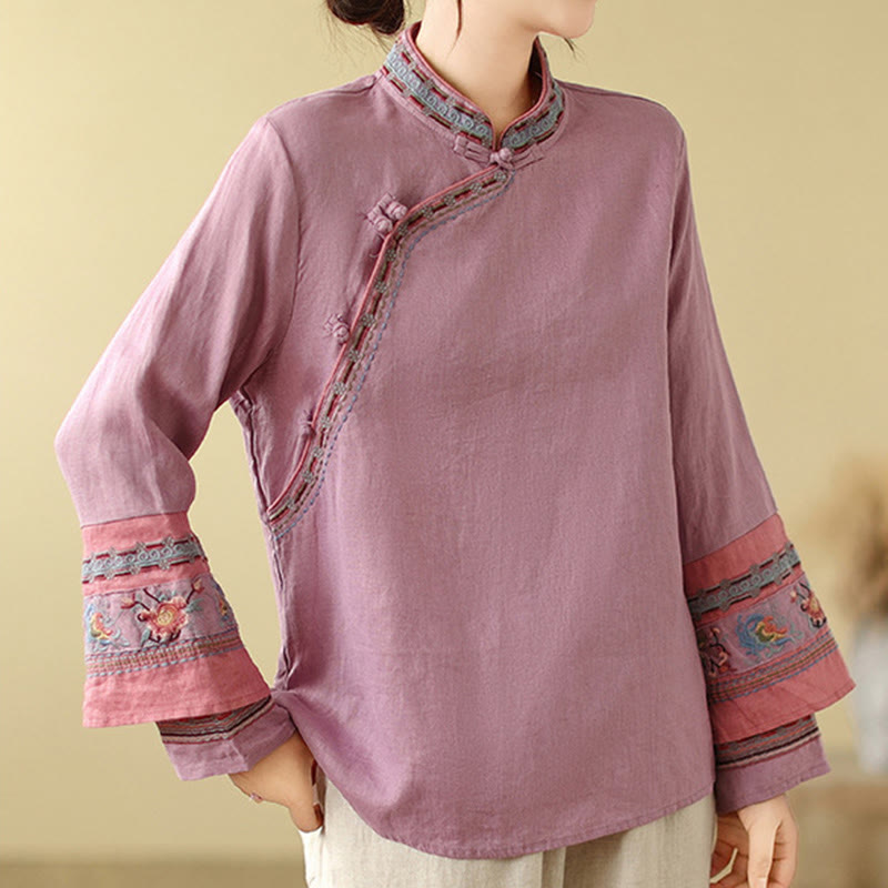 Buddha Stones Embroidered Slanted Buttons Cotton Linen Women's Shirt - image 3