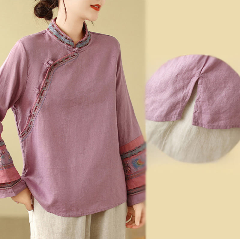Buddha Stones Embroidered Slanted Buttons Cotton Linen Women's Shirt - image 6
