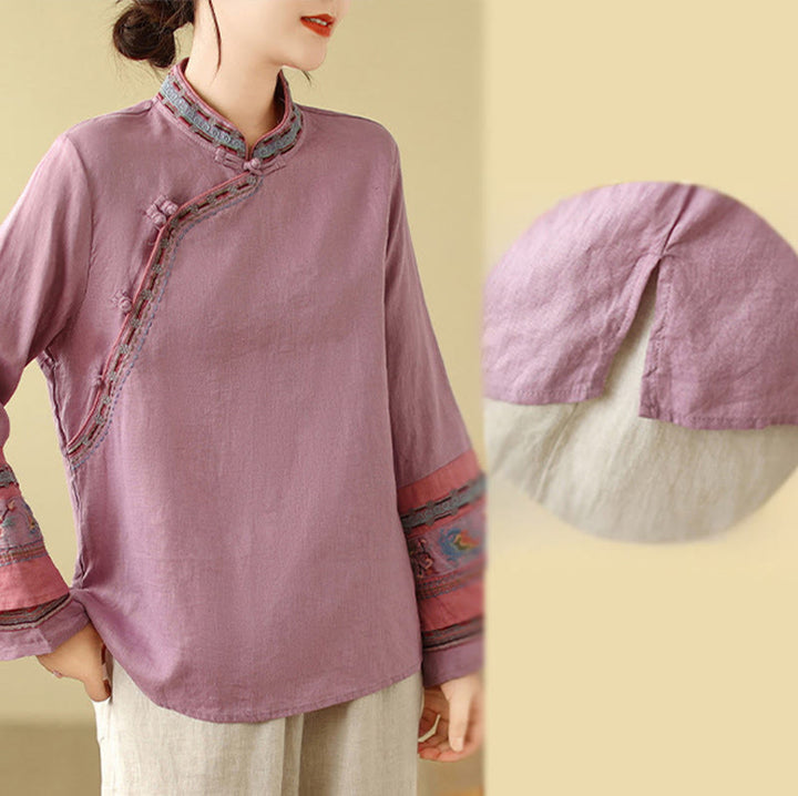Buddha Stones Embroidered Slanted Buttons Cotton Linen Women's Shirt - image 6