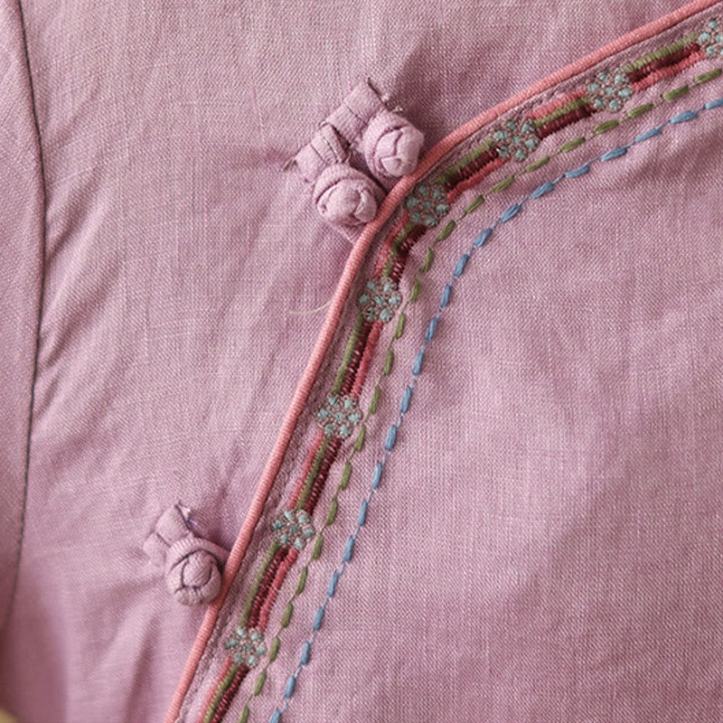 Buddha Stones Embroidered Slanted Buttons Cotton Linen Women's Shirt - image 8