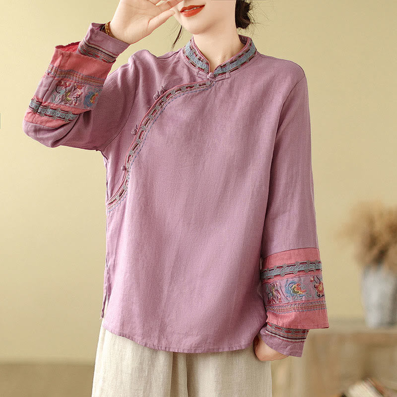 Buddha Stones Embroidered Slanted Buttons Cotton Linen Women's Shirt - Plum - US8-10，UK/AU12-14，EU40-42 (2XL) - image 1