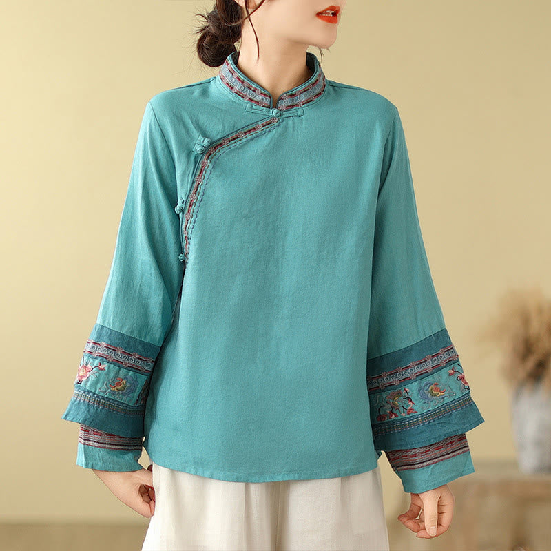 Buddha Stones Embroidered Slanted Buttons Cotton Linen Women's Shirt - LightSeaGreen - US8-10，UK/AU12-14，EU40-42 (2XL) - image 18
