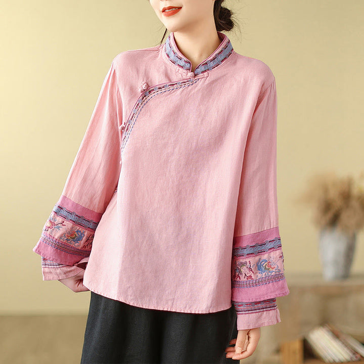 Buddha Stones Embroidered Slanted Buttons Cotton Linen Women's Shirt - image 13