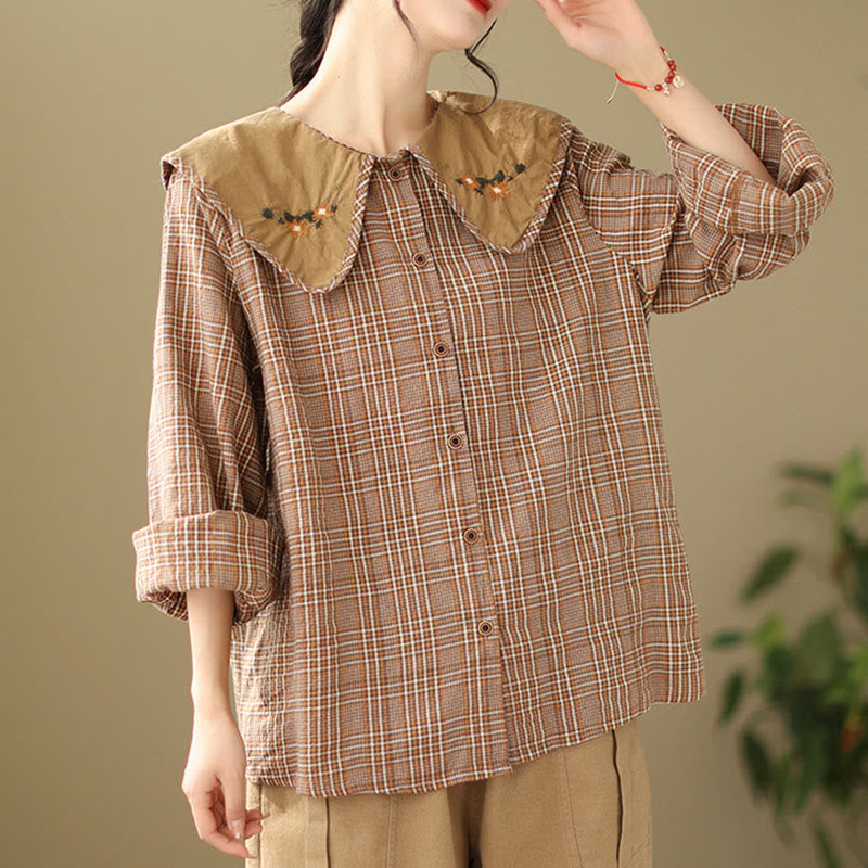 Buddha Stones Embroidered Plaid Pattern Cotton Women's Shirt - image 4