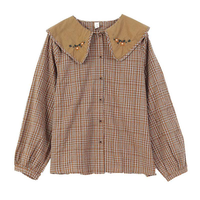 Buddha Stones Embroidered Plaid Pattern Cotton Women's Shirt - image 1