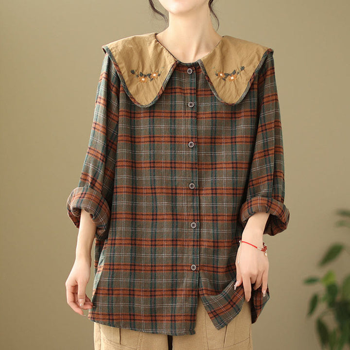Buddha Stones Embroidered Plaid Pattern Cotton Women's Shirt - Sienna - US8-10，UK/AU12-14，EU40-42 (2XL) - image 6
